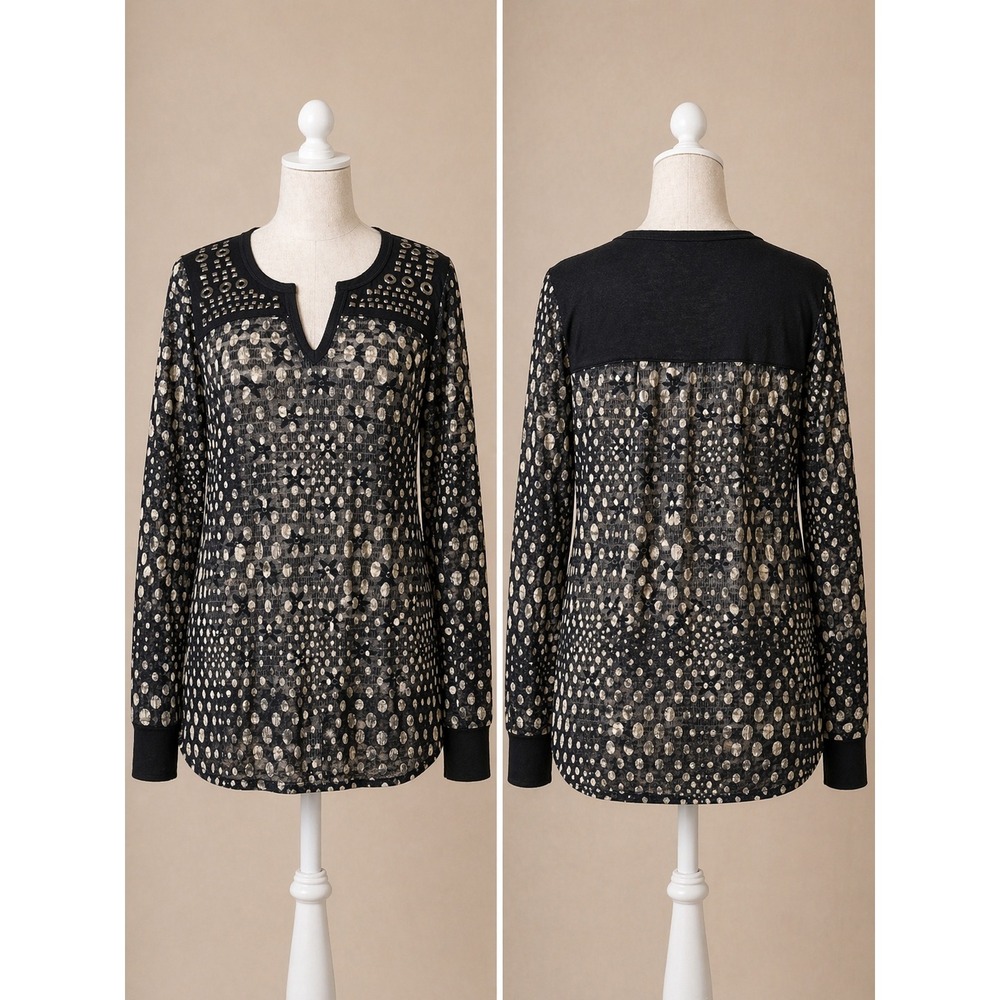 Vocal Studded Mesh Tunic L Black Polka Dot Edgy Goth Rocker Statement Top